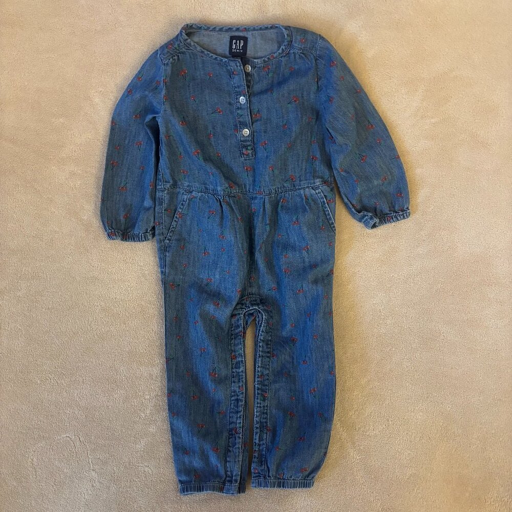 GAP DENIM Girl's One-Piece Romper Size 18-24 Mth in color Blue with Cherries